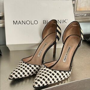 Manolo Blahnik Black & White Woven D'Orsay Heels